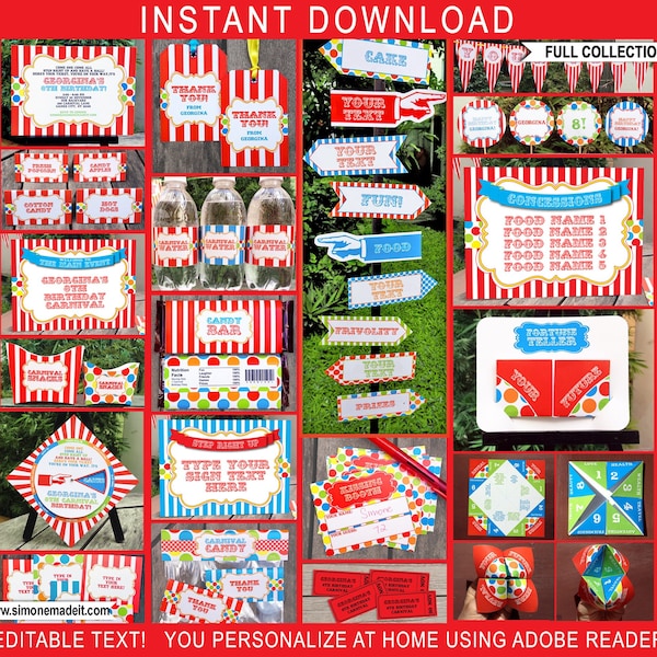 Décorations de fête de carnaval, faire-part et produits à imprimer - Modèle sur le thème du cirque - Kit Bundle Set Pack Package - TÉLÉCHARGEMENT IMMÉDIAT texte MODIFIABLE