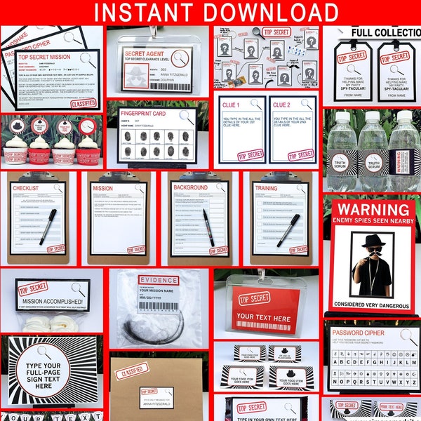 Spy Party Printables Invitation Decoration Template Bundle - Secret Agent Theme - Package Pack Set Kit - INSTANT DOWNLOAD with EDITABLE text