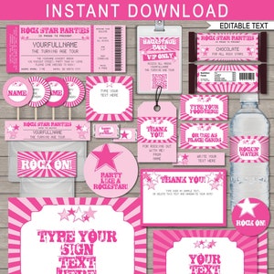 Rock Star Party Decorations & Invitation Printable Template Bundle - full Package Pack Set Kit Collection - INSTANT DOWNLOAD - EDITABLE text