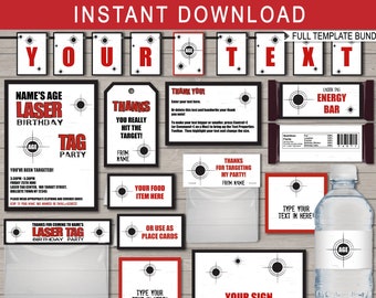 May include: A printable set of laser tag birthday party decorations in red, black, and white. The set includes a banner, cupcake toppers, water bottle labels, favor bags, and a game sign. The decorations feature a target design with bullet holes.