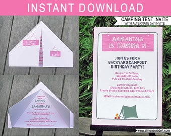 Pink Camping Tent Birthday Invitation: Editable Text (Digital Download)