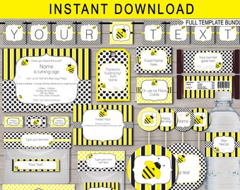 Paquete de decoraciones e invitaciones para fiesta de abejas: texto editable (descarga instantánea)