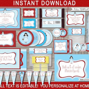 May include: A printable party template bundle featuring a red and blue gingham pattern with a cartoon illustration of Dorothy from the Wizard of Oz. The bundle includes a variety of printable items such as invitations, thank you cards, food labels, and a banner. The text on the image reads "Instant Download", "Full Template Bundle", "Bell out of order, Please Knock!" and "All text is editable! You personalize at home".