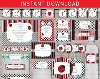 Ladybug Birthday Party Invitation Decoration Printable Template - full Package - Ladybird Theme - INSTANT DOWNLOAD with EDITABLE text