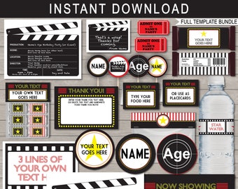 Movie Theme Party Printable Decorations & Invitation Template Bundle - Movie Night Birthday - DIY EDITABLE TEXT