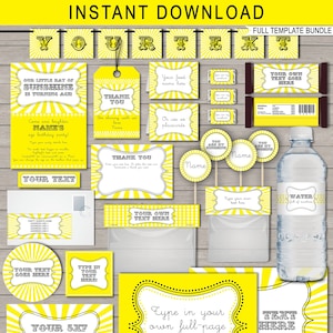 Sunshine Theme Party Decorations Invitation Template Bundle full Collection, Pack, Package, Set, Kit INSTANT DOWNLOAD EDITABLE text image 1