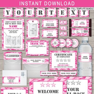Pink Camo Party Printable Decoration + Invitation Template Bundle - Army Theme - INSTANT DOWNLOAD - EDITABLE text