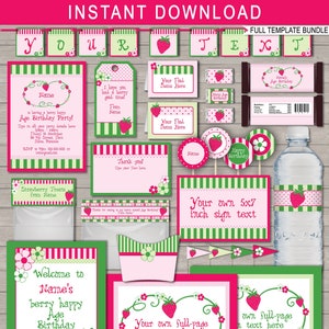 Strawberry Shortcake Party Printable Decorations & Invitation Template Bundle - INSTANT DOWNLOAD with EDITABLE text