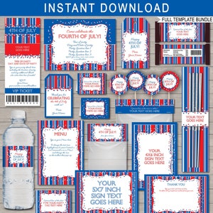 4th of July Party Printable Decorations & Invitation Template Bundle - Fourth of July Theme - INSTANT DOWNLOAD - EDITABLE text