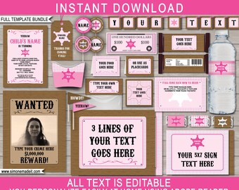 Cowgirl Party Decorations & Invitation Printable Template Bundle - full Package Pack Set Kit Collection - INSTANT DOWNLOAD - EDITABLE text