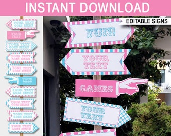 Circus Party Directional Signs - Direction Arrows Template - Pink Aqua - Carnival Party - INSTANT DOWNLOAD - EDITABLE text - 2 sizes