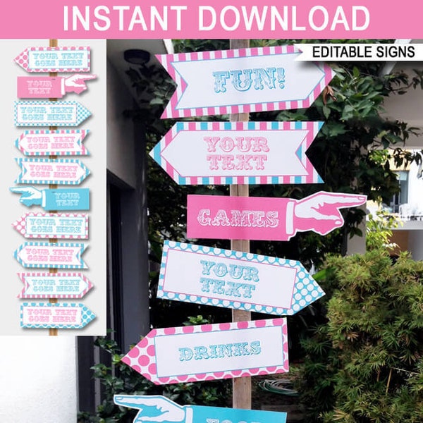 Circus Party Directional Signs: Editable Carnival Arrows (Instant Download)