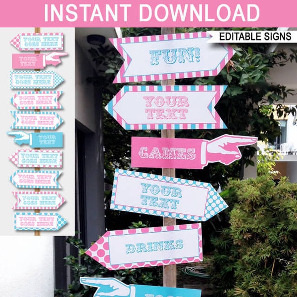 Circus Party Directional Signs - Direction Arrows Template - Pink Aqua - Carnival Party - INSTANT DOWNLOAD - EDITABLE text - 2 sizes