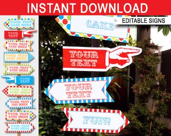 Carnival Signs Direction Arrows - Printable Carnival Party Decorations Game Signs - Circus Theme - INSTANT DOWNLOAD text EDITABLE - 2 sizes