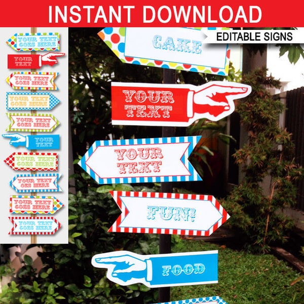 Carnival Signs Direction Arrows - Printable Carnival Party Decorations Game Signs - Circus Theme - INSTANT DOWNLOAD text EDITABLE - 2 sizes