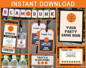 Basketball Theme Party Decorations Template Bundle + Invitation - Printable Birthday Package Pack Set Kit Collection EDITABLE TEXT DOWNLOAD