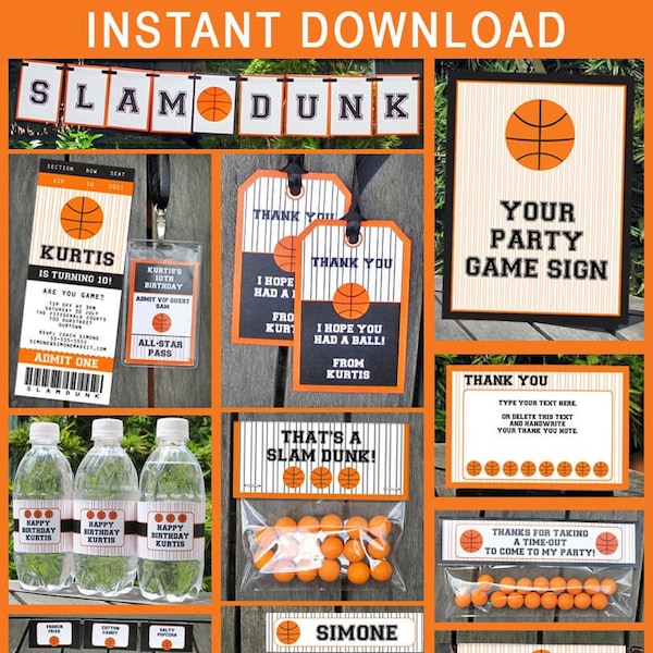 Basketball Theme Party Decorations Template Bundle + Invitation - Printable Birthday Package Pack Set Kit Collection EDITABLE TEXT DOWNLOAD