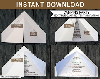 Camping Tent Invitation Template - Printable Birthday Party Invite - Unique - Campout - EDITABLE TEXT DOWNLOAD - you personalize at home