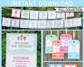 Ice Cream Birthday Party Invitation Decorations Printable Template - full Package - INSTANT DOWNLOAD with EDITABLE text - you personalize