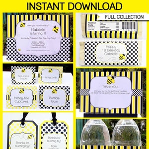 Bee Party Printable Decorations & Invitation Template Bundle Birthday or Baby Shower Theme INSTANT DOWNLOAD EDITABLE Text image 2