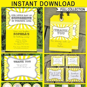 Sunshine Theme Party Decorations Invitation Template Bundle full Collection, Pack, Package, Set, Kit INSTANT DOWNLOAD EDITABLE text image 3