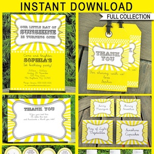 Op de afbeelding: Een printbare set met feestversiering voor een eerste verjaardag met een zonneschijn thema. De set bevat een banner, uitnodigingen, cupcake toppers, etiketten voor waterflessen en bedankkaartjes. De versiering is geel en wit met zwarte accenten en heeft een zonnestralen ontwerp.