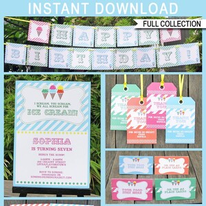 Ice Cream Birthday Party Invitation Decorations Printable Template - full Package - INSTANT DOWNLOAD with EDITABLE text - you personalize