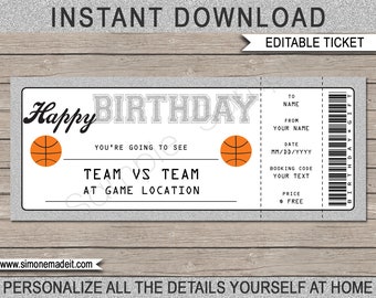 basketball ticket birthday gift surprise ticket to basketball game printable template gift voucher instant download editable text