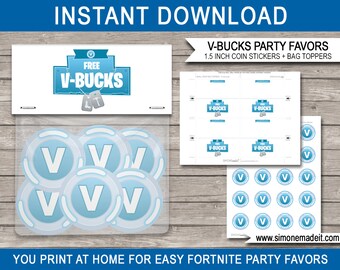 fortnite v bucks printable party favors v bucks bag toppers v bucks chocolate coin stickers vbucks fortnite theme instant download - v bucks free printable