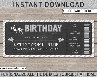 birthday gift concert ticket printable gift voucher etsy
