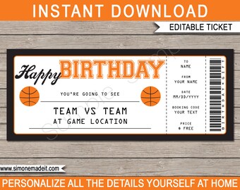 basketball game ticket birthday gift surprise ticket to the basketball printable template gift voucher instant download editable