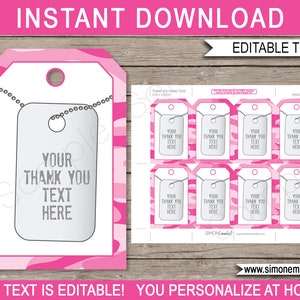 Pink Camo Favor Tags Template - Printable Army Theme Birthday Party Thank You Tags - INSTANT DOWNLOAD - EDITABLE text