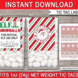 Może przedstawiać: Drukowane etykiety na Tic Taca z motywem świątecznym. Etykieta z przodu zawiera napis "Elf-jl Snowballs For Official Elf Use Only Santa Claus Authorized By", a etykieta z tyłu zawiera napis "Direct From The North Pole".