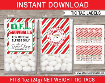 Elf Snowball Fight Template - Tic Tac Labels - Printable Elf Props for kids - Last Minute Christmas Elf Idea - INSTANT DOWNLOAD