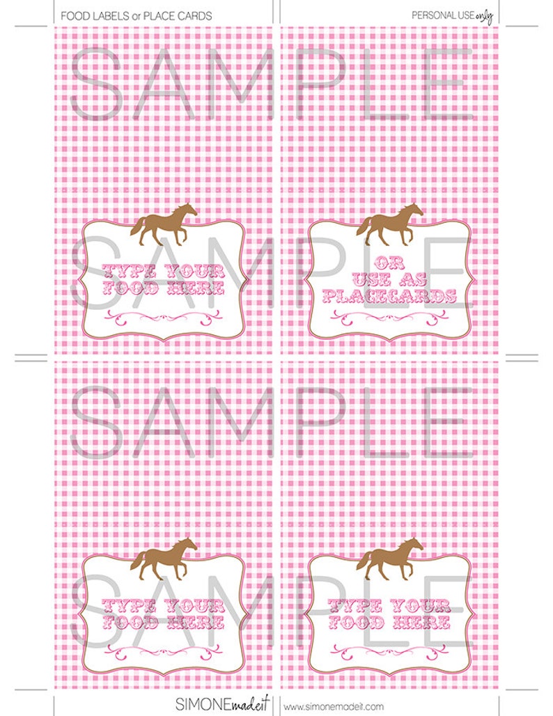 Horse Food Labels Pony or Horse Theme Party Placecards Etsy