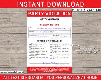 Police Party Violation Notice Template - Printable Party Games & Decorations - Halloween Costume Prop - INSTANT DOWNLOAD - EDITABLE text