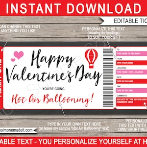 Hot Air Ballooning Ticket Template - Printable Valentines Day Gift Certificate Voucher Coupon - Last Minute Gift - INSTANT DOWNLOAD