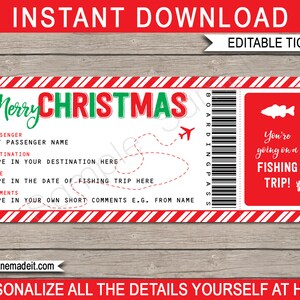Cartão de embarque para viagem de pesca surpresa Bilhete para impressão para presente de Natal - Férias de pesca Escapadela de férias - DOWNLOAD INSTANTÂNEO com texto EDITÁVEL