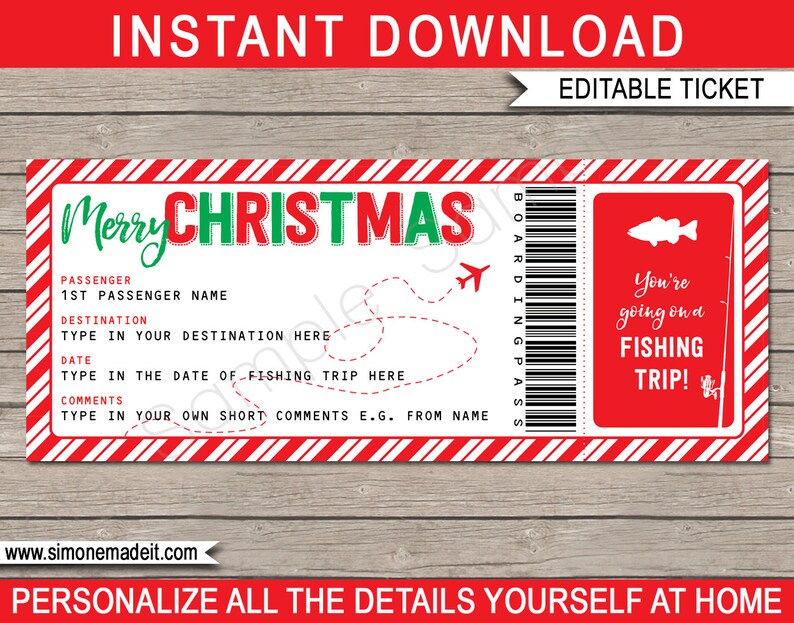 Surprise Fishing Trip Boarding Pass Christmas Gift Printable Ticket Fishing Holiday Vacation Getaway INSTANT DOWNLOAD with EDITABLE text image 1