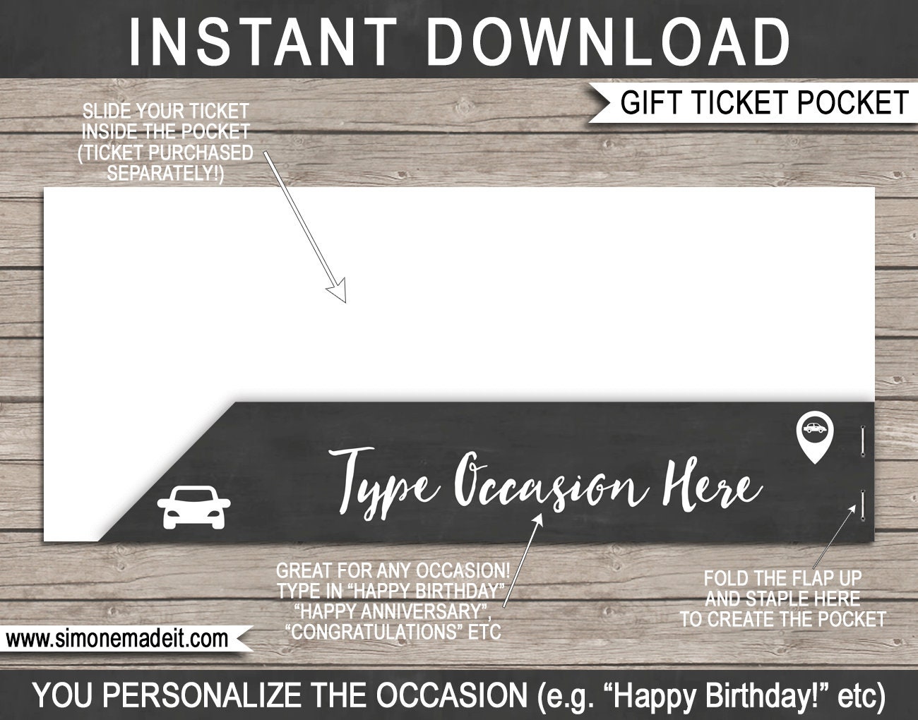 Printable Pocket Sleeve for Road Trip Gift Tickets - Happy Birthday Anniversary Graduation Surprise - INSTANT DOWNLOAD with EDITABLE text