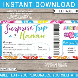 Hawaii Flugticket Bordkarte Vorlage - Überraschungsreise nach Hawaii offenbaren - Flugzeug Flug Coupon Karte - EDITIERBARER TEXT DOWNLOAD