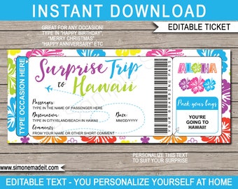Printable Hawaii Plane Ticket Boarding Pass Template - Surprise Trip to Hawaii Reveal - Airplane Flight Coupon Card - EDITABLE TEXT DOWNLOAD