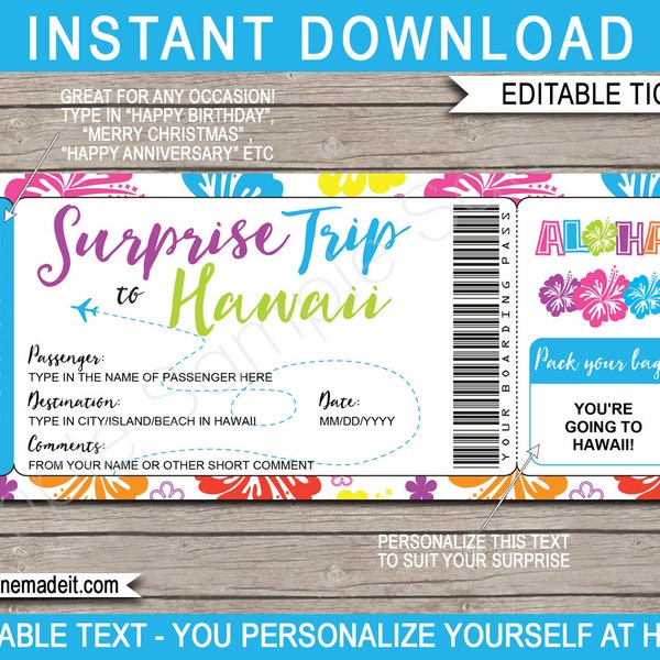 Printable Hawaii Plane Ticket Boarding Pass Template - Surprise Trip to Hawaii Reveal - Airplane Flight Coupon Card - EDITABLE TEXT DOWNLOAD