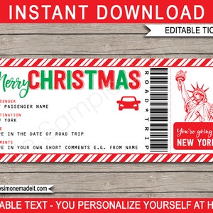 New York Road Trip Ticket Vorlage - Druckbares Weihnachtsgeschenk - Weihnachtsgeschenk - Überraschung NYC Reveal - INSTANT DOWNLOAD mit bearbeitbarem Text