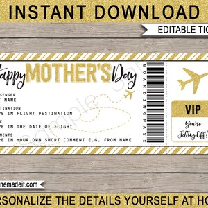 Bilhete de presente para cartão de embarque do Dia das Mães - Bilhete de avião falso - Viagem surpresa, fuga, férias, voo - DOWNLOAD INSTANTÂNEO com texto EDITÁVEL