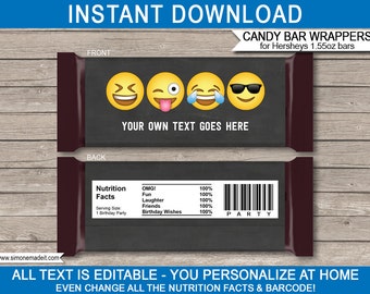 Emoji Candy Bar Wrappers Template - Printable Emoji Theme Birthday Party Decorations - Chocolate Label - Favor Gift - EDITABLE TEXT DOWNLOAD