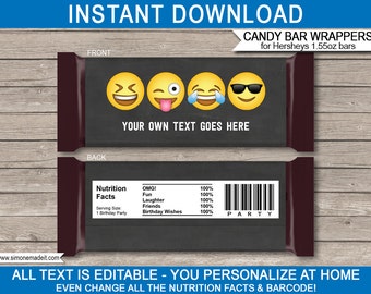 May include: Printable candy bar wrappers with a chalkboard background and emoji designs. The wrappers feature the text "Your own text goes here" and a nutrition facts section with a barcode. The text "All text is editable - you personalize at home. Even change all the nutrition facts & barcode!" is at the bottom of the image.