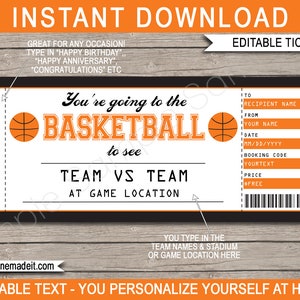 Plantilla editable de regalo de boleto de baloncesto imprimible - Boleto sorpresa para un juego de baloncesto - Cualquier ocasión - DESCARGA INSTANTE - usted edita