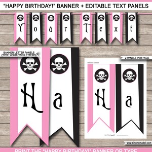Puede incluir: Banner imprimible "&iexcl;Feliz cumplea&ntilde;os!" con banderines rosas y negros con un dise&ntilde;o de calavera y huesos cruzados. El banner incluye paneles de texto editables para personalizar el mensaje.
