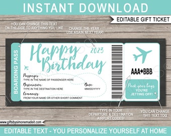 Editable Boarding Pass Template Surprise Birthday Fake Airline Ticket Coupon Trip Gift, Airplane Flight Destination Plane, Aqua - DOWNLOAD